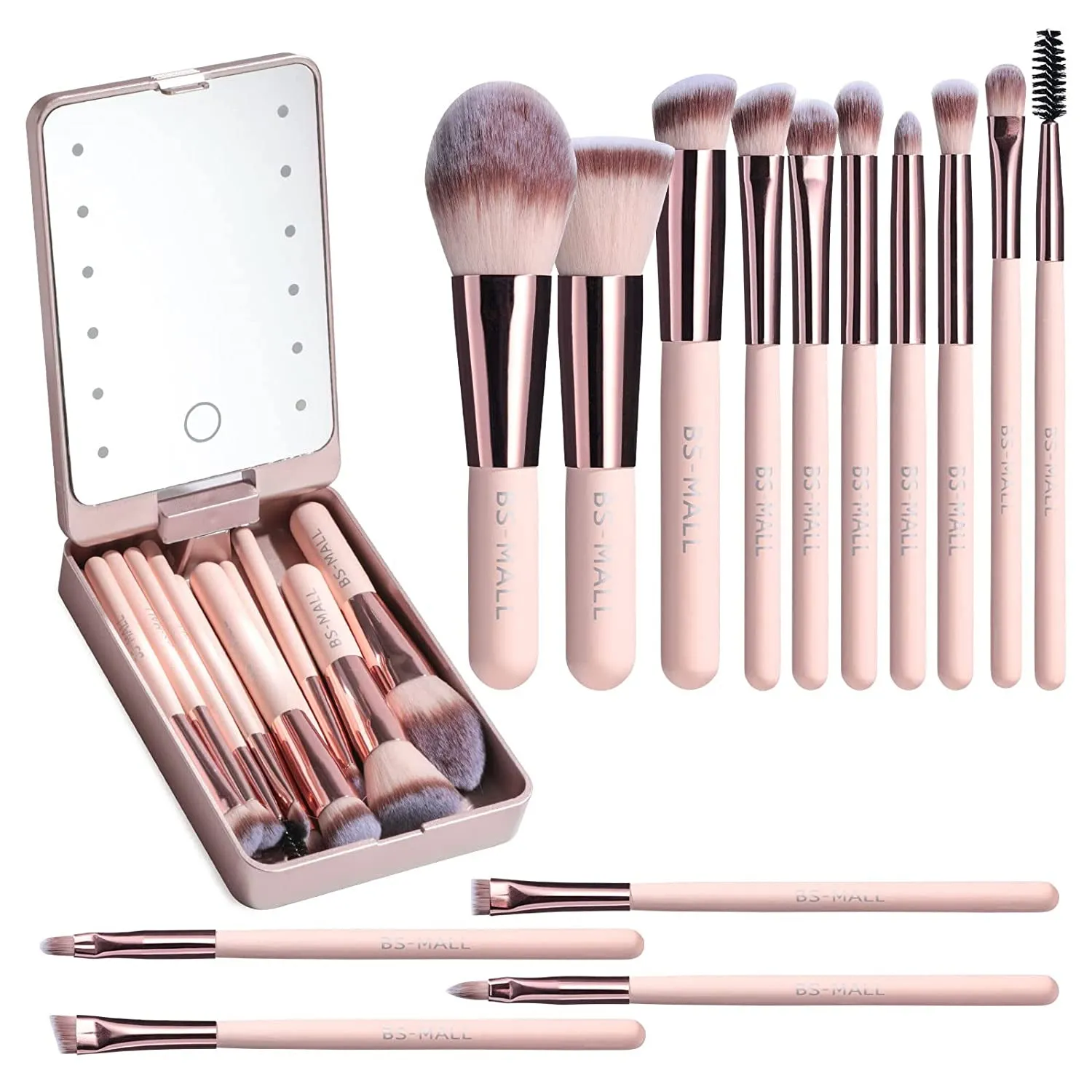 Eco-Friendly 14-Piece Travel Makeup Brush Set with LED Mirror for Flawless Application