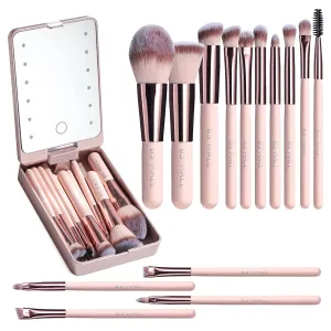 Eco-Friendly 14-Piece Travel Makeup Brush Set with LED Mirror for Flawless Application