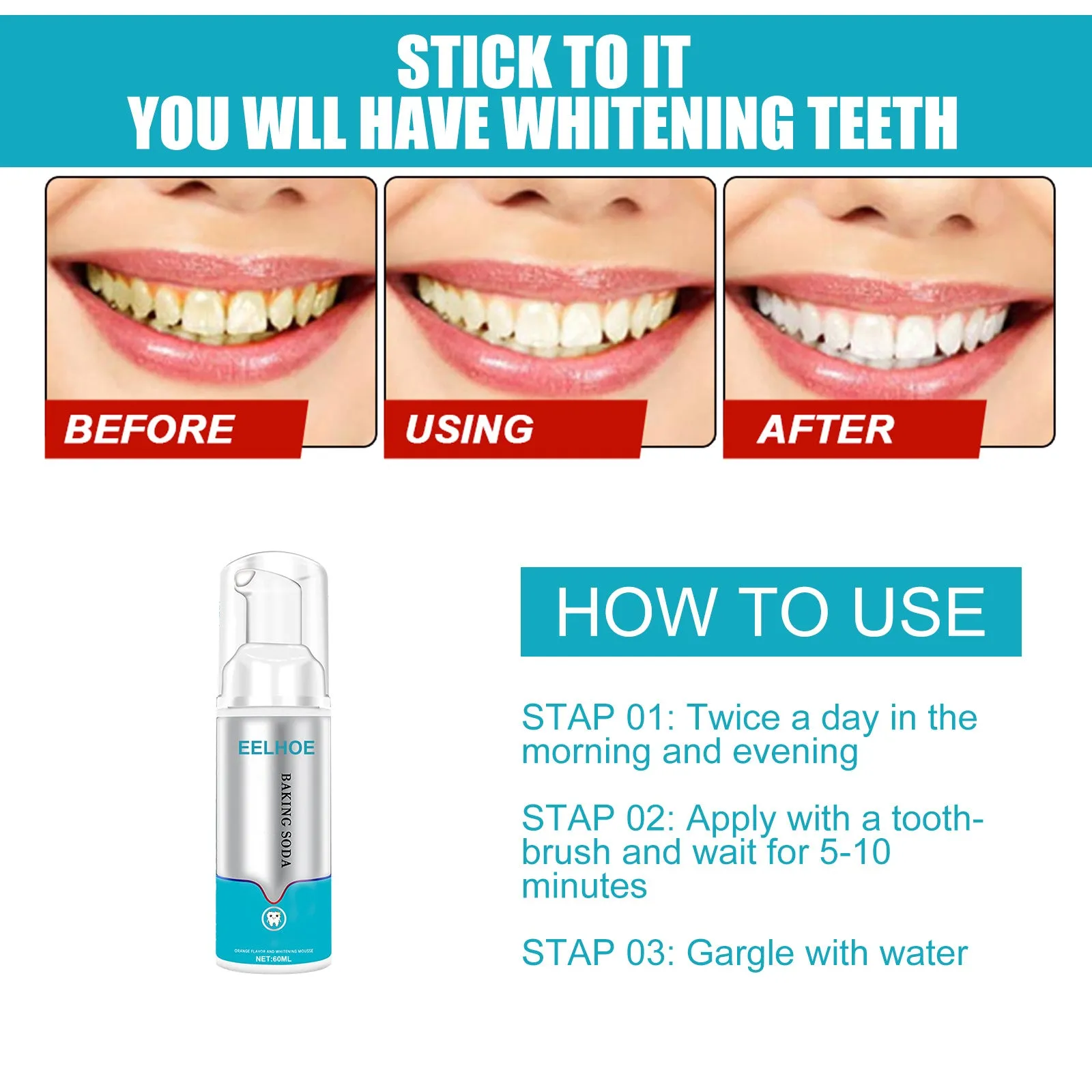 EELHOE Foaming Toothpaste Press-on Whitening Mousse to remove yellow tartar and tobacco stains