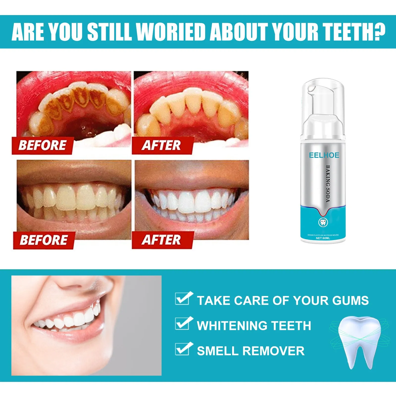 EELHOE Foaming Toothpaste Press-on Whitening Mousse to remove yellow tartar and tobacco stains