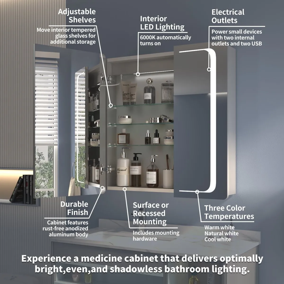 ExBrite 30" W x 32" H LED Lighted Bathroom Medicine Cabinet with Mirror Recessed or Surface Mounted LED Medicine Cabinet