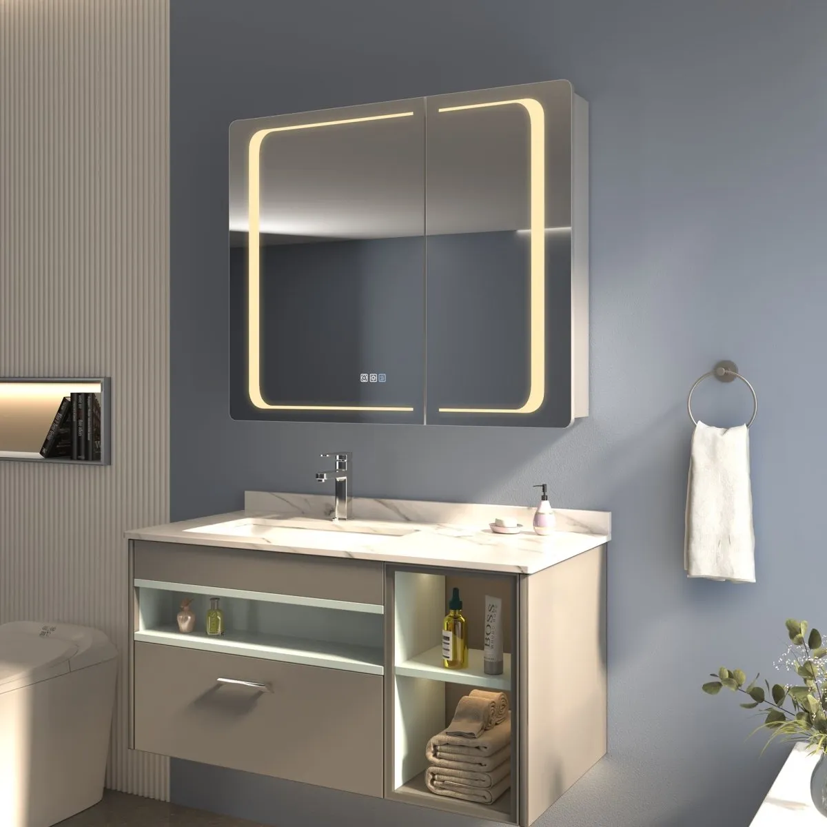 ExBrite 36" W x 30" H LED Lighted Bathroom Medicine Cabinet with Mirror Recessed or Surface Mounted LED Medicine Cabinet