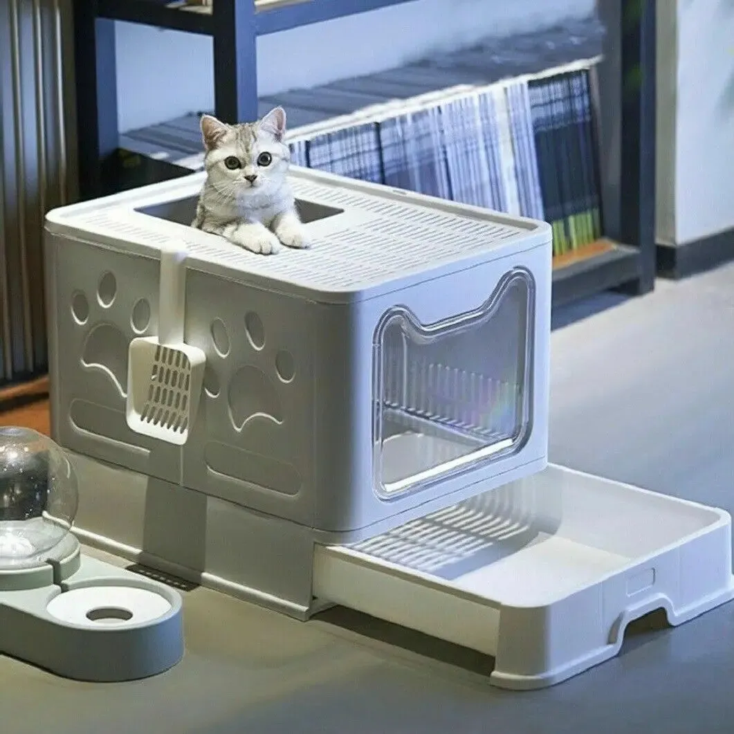 Foldable Hooded Cat Litter Box Scoop Drawer