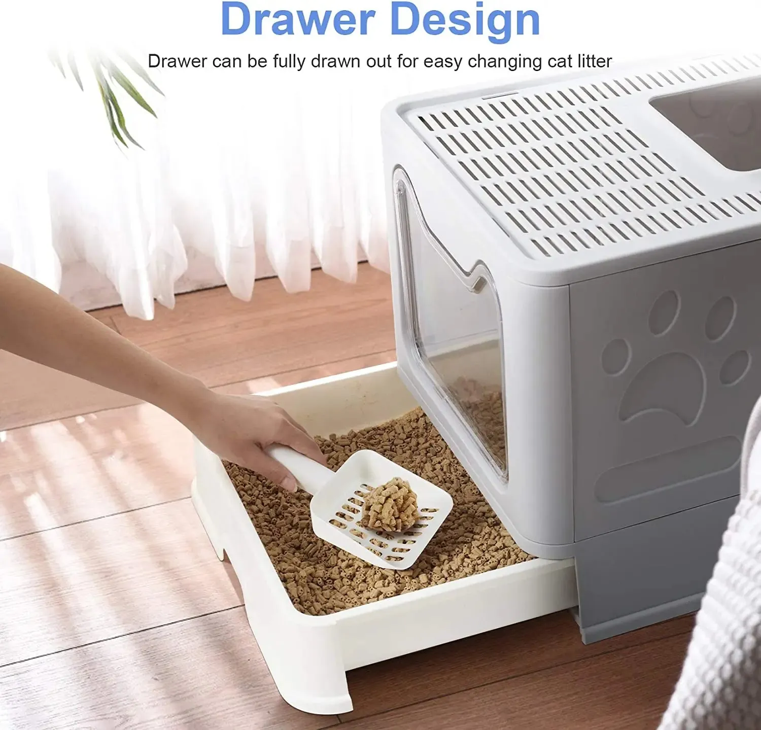 Foldable Hooded Cat Litter Box Scoop Drawer