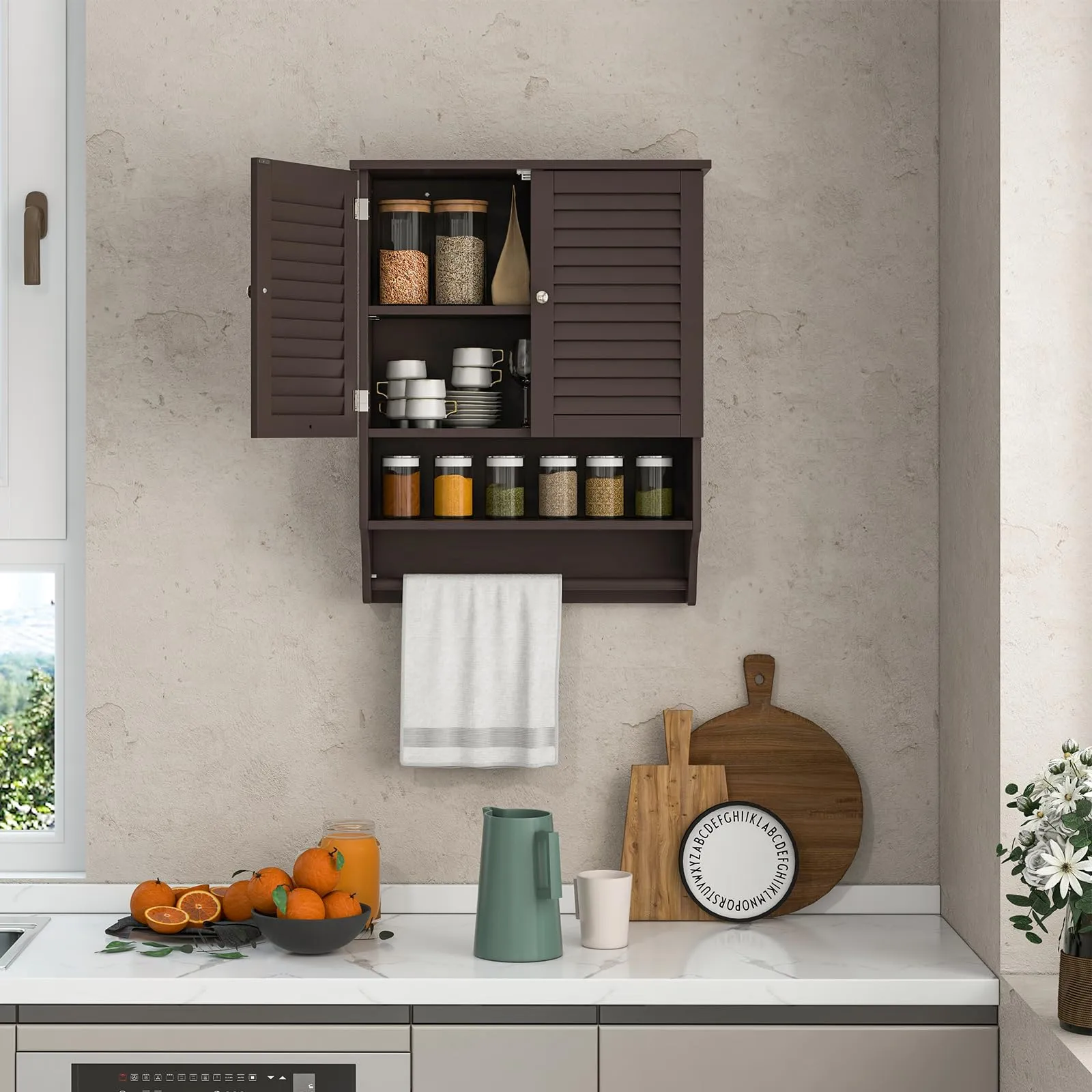 Tangkula Wall Mounted Bathroom Cabinet with Open Shelf & Bar