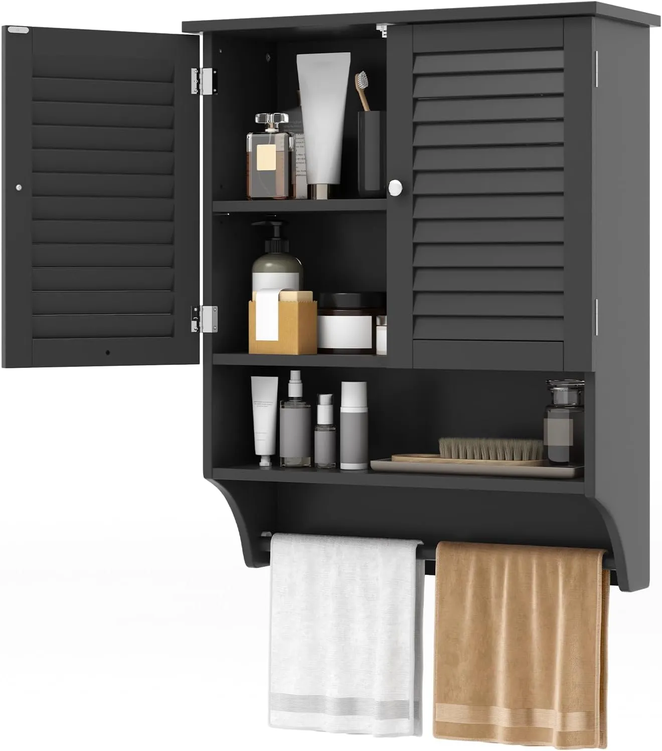 Tangkula Wall Mounted Bathroom Cabinet with Open Shelf & Bar